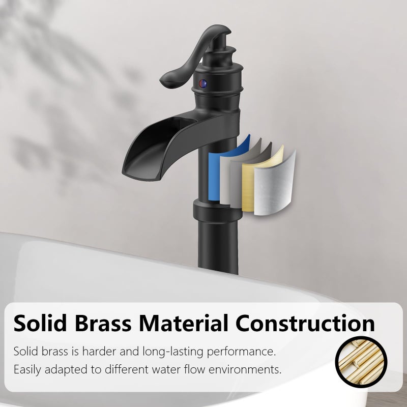 BATHLAVISH Vessel Sink Faucet, Matte Black Bathroom Waterfall Sink Faucet Tall Bathroom Single Handle 1 Hole Farmhouse with Pop Up Without Overflow Drain Lavatory - Image 5